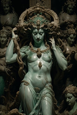 Perseus holding up Medusa's head in front of the sea monster, causing it to instantly turn into a crumbling green stone statue.
,cf,renaissance,Fantasy,FFIXBG