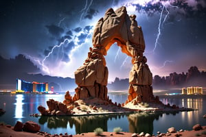 A rock formation with long exposure illumination, Volumetric-lightning & Global-Illumination. A rock formation shaped like an archway with long exposure illumination on it & mirrored on a lake. on the landscaped background below the starry sky are the city lights of Las Vegas. high definition photography. in the desert at night with stars and milky way in the sky with cool tone colours on sky, photography in the style of high resolution, super detailed cinematic photography, cinematic lighting, ray tracing reflections, intricate details, high key lighting, crisp detail, saturated colours. 
--no depth of field, illustration, drawing, cartoonish, mist, fog, haze, rain, tilt-shift, toy-model, cgi. 
--v 6.0 --ar 5:4 --style raw --stylize 600
--sw 30 
--sref ,painted world