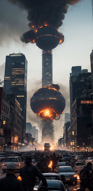 A sweeping 8K panorama unfolds. Amidst the city's steel skyscrapers, a mysterious spherical entity emerges between towering structures. Fog suddenly shrouds the metropolis, as panicked crowds flee in terror. The disaster ravages the megacity, reminiscent of doomsday's arrival. In the foreground, people scramble to escape, while in the distance, the eerie orb looms large, surrounded by the city's once-thriving streets now reduced to chaos and despair.