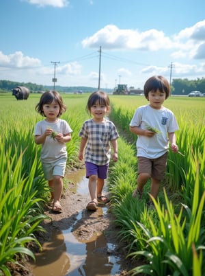 Three 8-year-old children (two boys and one girl) playing in a field. The scene is shot from a low angle, with the camera positioned between two stalks of rice. A boy on the left holds a branch, while another boy on the right wears a white sports jersey and brown shorts. The girl in front wears a checkered T-shirt and purple shorts. In the near distance, a water buffalo, combine harvester, and other children play amidst the rice fields, with a small ditch, muddy path, blue sky, white clouds, and electric lamp poles. In the far distance, a highway, cars, and forest can be seen. The farmer's presence adds to the idyllic atmosphere. Shot in 8K quality, this is a panoramic, triangular composition that captures the joy of childhood.