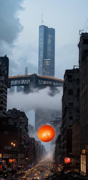 A sweeping 8K panorama unfolds. Amidst the city's steel skyscrapers, a mysterious spherical entity emerges between towering structures. Fog suddenly shrouds the metropolis, as panicked crowds flee in terror. The disaster ravages the megacity, reminiscent of doomsday's arrival. In the foreground, people scramble to escape, while in the distance, the eerie orb looms large, surrounded by the city's once-thriving streets now reduced to chaos and despair.