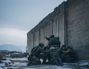 A prompt for a war-themed image!

Here's the generated prompt:

A scene of 4 soldiers in a moment of gunfire. The soldiers wear black armor with icy cold masks adorned with iron engravings, their faces set in determination. One soldier crouches behind cover, another peers around a corner, while two more take aim, ready to fire.

The setting is a ruined city gate, the once-majestic entrance now battered and worn. The lighting comes from above, casting a soft, diffuse glow over the scene. The main light source is positioned off-center, creating a sense of tension and uncertainty. The fill light softens the shadows cast by the soldiers' silhouettes, while the back light separates the subjects from the background, adding depth to the composition.

The color palette is monochromatic, with shades of gray and blue dominating the scene.