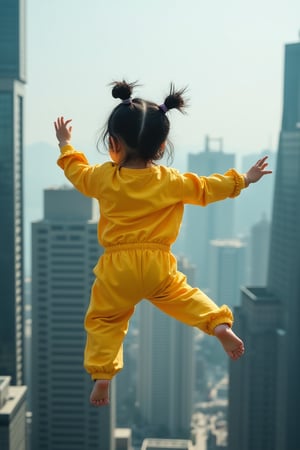 A Korean magical child (messy bun hairstyle, yellow outfit and pants) hovers in mid-air above the city's high-rise skyscrapers. In 8K quality, the camera frames a medium shot of the child from behind and slightly to the right, capturing their ethereal pose as they float effortlessly amidst the urban landscape's steel and glass structures.