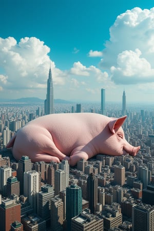 In a sprawling metropolis, a colossal pig, roughly the height of 30 high-rise buildings, lies slumbering in the city center. The contrast between the gargantuan pig and the urban landscape is striking, as if everything else has been reduced to toy-sized proportions. A brilliant blue sky with puffy white clouds provides a stunning backdrop for this surreal scene, captured in breathtaking 8K resolution.