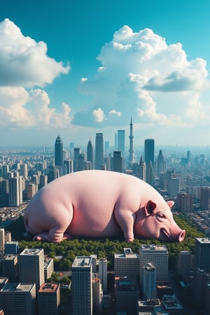 In a sprawling metropolis, a colossal pig, roughly the height of 30 high-rise buildings, lies slumbering in the city center. The contrast between the gargantuan pig and the urban landscape is striking, as if everything else has been reduced to toy-sized proportions. A brilliant blue sky with puffy white clouds provides a stunning backdrop for this surreal scene, captured in breathtaking 8K resolution.