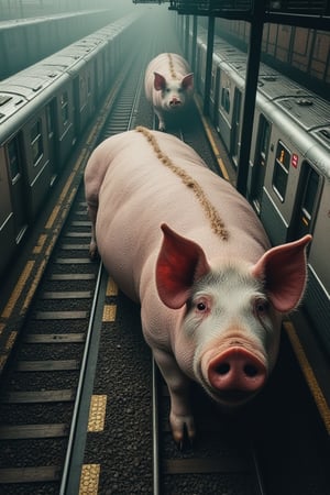 A surreal scene unfolds: a colossal pig, its body akin to a mountain range, lies slumbering in a metropolitan subway station. One pig is distant, while the other looms close, as if juxtaposed playthings amidst trains and railroad tracks. The 8K shot captures the majesty from an overhead angle, emphasizing the pig's enormity and the urban setting's miniaturized scale.