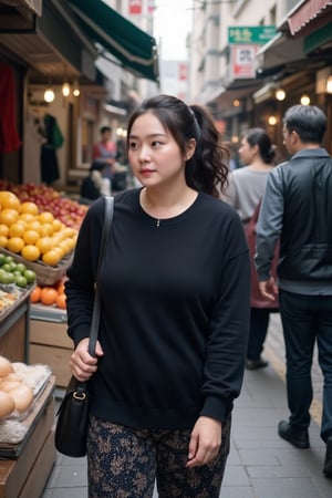 A middle-aged Korean woman, plump and fair-skinned, with curly hair tied back in a ponytail, wearing a black outfit and patterned trousers, carrying a handbag. She is lost in the crowd on the bustling street (fruit stand, clothing stalls, shops), amidst the vibrant atmosphere of market vendors calling out to passersby. Framed from the perspective of a stall owner, the shot is slightly blurred, with a shallow depth of field, capturing the woman's everyday life amidst the urban landscape.