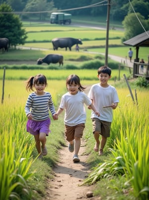 Here is a possible prompt:

A nostalgic Taiwanese countryside scene. Three 8-year-olds, two boys and one girl, playfully run together in a field (mid-ground: water buffalo, harvesters, paddy fields, other kids, scarecrows) amidst lush greenery (foreground: mud road, small ditches, electric lamp poles). The girl stands out with her striped top and purple shorts. Boys wear white athletic shirts and brown shorts. One boy holds a twig. Capture the joyful scene from an angle between rice stalks, with a subtle bokeh effect, showcasing the kids' carefree laughter and the idyllic landscape.