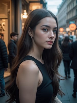 A woman with long hair and no-sleeve attire stands out among the crowd, her left profile captivating as she's framed against a blurred background of people walking in both directions. The shop window's reflection, softened by a subtle vignette effect, captures her serene expression and silhouette as she's captured mid-motion, with the cityscape unfolding behind her.