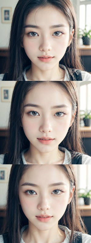 A series of six distinct screens featuring a Korean girl with short black hair and subtle brown highlights. She exhibits six different facial expressions, each conveying a unique emotion.

Screen 1: The girl looks directly at the camera, her eyes shining bright with curiosity.

Screen 2: A hint of mischief plays on her face as she raises an eyebrow, her lips curving upward in a sly smile.

Screen 3: Her expression turns contemplative, her brow furrowed in thought, as if lost in a distant memory.

Screen 4: A burst of joy erupts on her face, her eyes sparkling like diamonds, as she lets out a contagious laugh.

Screen 5: A gentle, soothing smile spreads across her features, radiating warmth and kindness.

Screen 6: Her countenance darkens, her brows drawing together in concern, as if worrying about something weighty.

All six screens are set against a soft, artificial indoor lighting that highlights the subject's facial features with precision. The overall visual quality is stunning, presented in 8K resolution.