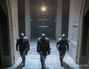 Here is the generated prompt:

A war-torn scene unfolds as four soldiers, clad in black armor adorned with icy metal masks, hesitate for a fleeting moment before opening fire. Framed by the ruins of a castle's grand entrance, the soldiers' tense posture and grim expressions convey their trepidation.

The lighting is soft and scattered, with the primary source emanating from above and to the side of the figures. The weak illumination creates a sense of intimacy, while the three-point lighting setup - consisting of key light, fill light, and back light - helps to separate the subjects from the background, adding depth to the scene.

The color palette is monochromatic, with shades of gray and black dominating the composition.