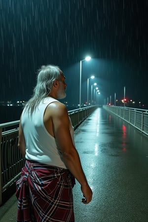 A lonely pedestrian bridge at midnight, shrouded in a fine rain. A stout man, with pale skin and bloodless complexion, appears on the bridge. He wears a white vest and checked sarong tied around his waist. The rain quickly drenches him, making his long, silvery hair look disheveled. As he gazes down at the sparse traffic below, the camera pans up from the bridge to capture his forlorn figure against the dark, rainy night sky.