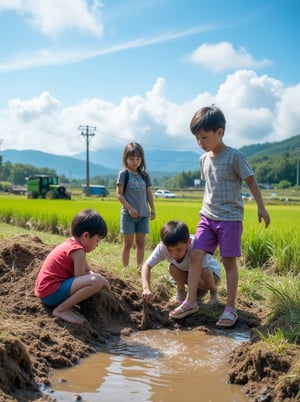 Three 8-year-old children (Taiwanese), two boys and one girl, play in the field. One boy lies on the muddy ground, while another crouches half-exposed from a stack of wheat. The girl plays with water in a small creek, wearing a grid-patterned T-shirt and purple shorts.

The scene is set against the backdrop of a rural landscape: a water buffalo, harvester, rice paddy, other children, wheat stalks, small ditches, muddy paths, blue sky, white clouds, and electric lamp poles. In the distance, a highway, cars, forest, and mountain range can be seen.

Composition: A full-frame, 8K image with a triangular composition, shot from the side of the subjects. The camera captures the textures of their clothing and the natural surroundings, emphasizing the joy and freedom of childhood.