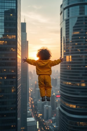 A South Korean magical child with fluffy curls and yellow outfit floats in mid-air above a city skyscraper. Shot: Medium shot from a slight high angle, capturing the child's wonder as they gaze out at the bustling metropolis. Lighting: Soft, warm glow from the setting sun casts long shadows across the cityscape. Composition: The child is centered, with the towering skyscrapers framing their tiny figure. Pose: The child's arms are outstretched, as if embracing the urban landscape. Location: A futuristic cityscape with sleek skyscrapers and neon lights illuminating the darkening sky. Subject: The magical child, a symbol of childhood innocence and curiosity, amidst the hustle and bustle of city life.