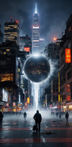 A sweeping 8K panorama unfolds. Amidst the city's steel skyscrapers, a mysterious spherical entity emerges between towering structures. Fog suddenly shrouds the metropolis, as panicked crowds flee in terror. The disaster ravages the megacity, reminiscent of doomsday's arrival. In the foreground, people scramble to escape, while in the distance, the eerie orb looms large, surrounded by the city's once-thriving streets now reduced to chaos and despair.