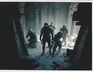 Here is the generated prompt:

A war-torn scene unfolds as four soldiers, clad in black armor adorned with icy metal masks, hesitate for a fleeting moment before opening fire. Framed by the ruins of a castle's grand entrance, the soldiers' tense posture and grim expressions convey their trepidation.

The lighting is soft and scattered, with the primary source emanating from above and to the side of the figures. The weak illumination creates a sense of intimacy, while the three-point lighting setup - consisting of key light, fill light, and back light - helps to separate the subjects from the background, adding depth to the scene.

The color palette is monochromatic, with shades of gray and black dominating the composition.