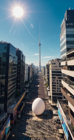 In a breathtaking 8K shot, the sun shines brightly overhead (白昼) on a crystal-clear sky (蓝天). A majestic white egg, immaculately pure and enormous, rises from the earth's womb (大地之母孚化出一粒洁白无瑕的巨大鸡蛋). Standing tall in the midst of bustling city streets, it commands attention. The camera shoots from a high angle (仰拍), capturing the grandeur of this surreal scene.