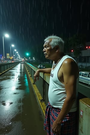 A midnight scene unfolds as the camera captures a desolate pedestrian bridge from above, gazing down upon a lone figure. The bridge's railing is weathered and worn, with rainwater dripping down like tears. A robust Malaysian uncle, clad in a white vest and checkered sarong (Samping), leans against the railing, eyes fixed on the sparse traffic below. His silver hair, now bedraggled from the rain, frames his pale face as he gazes out at the world with a mix of forlornness and despair. The frame is shot from an upward angle, capturing the bleak atmosphere in full glory.