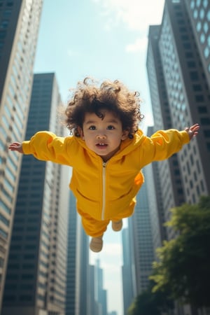 A South Korean magical child with fluffy curls and bright yellow attire soars through the air amidst the towering skyscrapers of a bustling city. The camera frames the scene in a harmonious triangle composition, capturing the child's dynamic pose as they float effortlessly between the high-rise buildings. Soft lighting illuminates their innocent face, while the vibrant colors of their outfit pop against the urban backdrop.