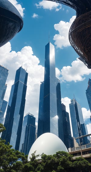 Over a cerulean sky with puffy white clouds, a sprawling metropolis suddenly becomes the backdrop for a bizarre phenomenon. A colossal, spotless egg rises majestically in the city center, its base encircled by skyscrapers and its top shrouded by cloud cover. The 8K camera captures a panoramic view of this surreal scene from a low-angle perspective, showcasing the intricate details of the urban landscape and the gargantuan egg's imposing presence.