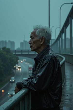 A mid-shot frames a lone figure under the midnight rain, standing on the desolate bridge as droplets cling to his worn attire. The Malayan uncle's pale face and vacant eyes seem to hold a morbid fascination with the distant traffic flowing below. His silver hair, now drenched and unkempt, adds to the forlorn atmosphere. The scene is bathed in a monochromatic color palette, with shades of gray and blue dominating the composition.