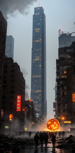 A sweeping 8K panorama unfolds. Amidst the city's steel skyscrapers, a mysterious spherical entity emerges between towering structures. Fog suddenly shrouds the metropolis, as panicked crowds flee in terror. The disaster ravages the megacity, reminiscent of doomsday's arrival. In the foreground, people scramble to escape, while in the distance, the eerie orb looms large, surrounded by the city's once-thriving streets now reduced to chaos and despair.