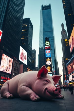 Ultra-realistic image of a gigantic pig, resembling a 30-story skyscraper, lying peacefully in the city center. In 8K resolution, the scene is meticulously framed to capture every detail of the urban landscape: sleek skyscrapers, vibrant streetlights, and bustling pedestrians. The pig's massive form dominates the frame, its snores creating a gentle hum amidst the hustle and bustle.