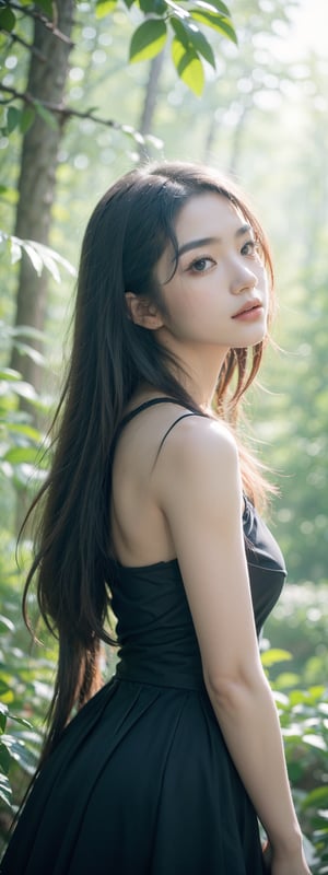 A stunning 8K image of a Korean beauty in a lush forest setting. The frame is divided by a subtle line, with two distinct scenes on either side.

On one side, the beautiful girl stands tall, surrounded by vibrant flowers and lush greenery, bathed in warm sunlight that highlights her porcelain skin and striking features. Her long hair flows gently in the breeze as she gazes off-camera.

On the other side of the frame, a dramatic shift occurs: the scene transitions to a stark black-and-white landscape, with towering trees silhouetted against a misty forest background. The girl's figure is reduced to a subtle outline, her features obscured by the darkness.

The color palette is rich and cinematic, with deep blues and greens evoking the mystery of the forest. Lighting is expertly handled, casting dappled shadows and highlighting the textures of the scenery.