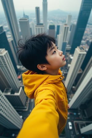 A 3/4 shot from above, capturing a mesmerizing Korean boy's tousled hair and bright yellow attire as he hovers in mid-air (city skyscrapers). He gazes down at the majestic cityscape below. In this tight frame, the triangle composition emphasizes the subject's dynamic pose against the urban backdrop.