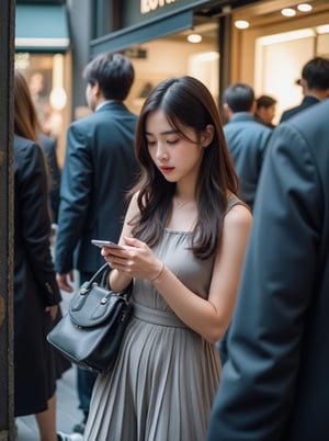 A Korean woman, with long hair and a sleeveless dress, holds a handbag as she blends into the crowd. She's standing between two store windows, gazing at her phone with a subtle expression of concern or distraction. The camera captures her figure from among the sea of people, some walking left while others head right, framing her within the glass window's reflection.