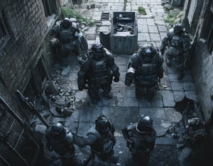 Here is the generated prompt:

A war-torn scene unfolds as four soldiers, clad in black armor adorned with icy metal masks, hesitate for a fleeting moment before opening fire. Framed by the ruins of a castle's grand entrance, the soldiers' tense posture and grim expressions convey their trepidation.

The lighting is soft and scattered, with the primary source emanating from above and to the side of the figures. The weak illumination creates a sense of intimacy, while the three-point lighting setup - consisting of key light, fill light, and back light - helps to separate the subjects from the background, adding depth to the scene.

The color palette is monochromatic, with shades of gray and black dominating the composition.