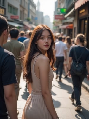 A woman with long hair and no sleeves, wearing a dress and skirt, turns back with a subtle smile in the midst of a crowd. She's surrounded by people walking in both directions, captured from the perspective of a passerby. The special motion blur effect enhances her figure as she moves. Framed against the bustling street scene, her silhouette is set against a vibrant urban backdrop, rendered in stunning 8K resolution and panoramic width.