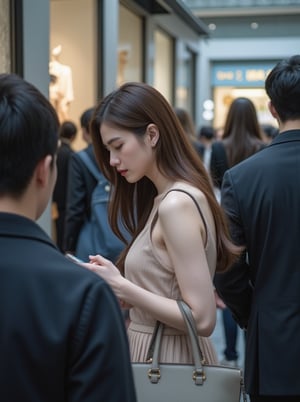 A Korean woman, with long hair and a sleeveless dress, holds a handbag as she blends into the crowd. She's standing between two store windows, gazing at her phone with a subtle expression of concern or distraction. The camera captures her figure from among the sea of people, some walking left while others head right, framing her within the glass window's reflection.