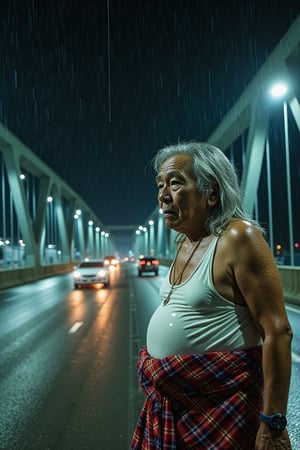 Midnight drizzle soaks the deserted bridge. A stout, pale-skinned elderly man appears, clad in a white singlet and checkered sarong tied around his waist. Rainwater quickly drenches his body, and his long, silver-gray hair adds to his disheveled appearance. He gazes down at the sparse stream of cars passing below. Framed by the bridge's archways, the shot captures the desolation and isolation of this moment.