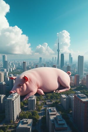 In a sprawling metropolis, a colossal pig, roughly the height of 30 high-rise buildings, lies slumbering in the city center. The contrast between the gargantuan pig and the urban landscape is striking, as if everything else has been reduced to toy-sized proportions. A brilliant blue sky with puffy white clouds provides a stunning backdrop for this surreal scene, captured in breathtaking 8K resolution.