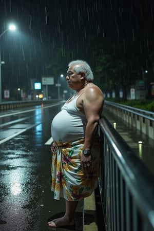 A hauntingly eerie scene unfolds under the midnight rain. A rotund, pale-skinned Malay man appears on the deserted pedestrian bridge, clad in a white singlet and floral-patterned sarong (Samping). He leans against the railing, gazing down at the sparse traffic below as raindrops drench his attire, causing his silver-white hair to cling to his face. The camera captures this unsettling moment from an upward angle, with a monochromatic color scheme that adds to the sense of foreboding and terror.