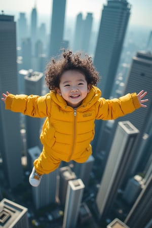 A whimsical young Korean boy, adorned with fluffy curly hair and bright yellow clothing, effortlessly floats in mid-air above a bustling cityscape of modern high-rise buildings. Framed from a top-down vantage point, the 8K resolution captures every detail of this enchanting scene, as the child's joyful expression shines like a beacon amidst the concrete jungle.