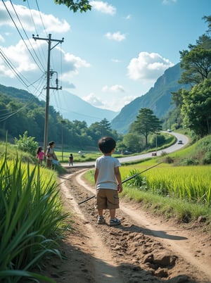 A 8-year-old Taiwanese boy, wearing a white vest and brown shorts, crouches between grasses with fishing rod in hand. Framed by tall trees, rice fields, and children playing in the distance. The camera captures his joyful moment as he gazes into the blue sky dotted with fluffy clouds. In the near background, a rustic path lined with mud, small ditches, and electrical poles stretches to meet the winding road and distant forest, where cars drive by amidst towering mountains. Shot in 8K resolution, this panoramic scene showcases the serenity of rural life.