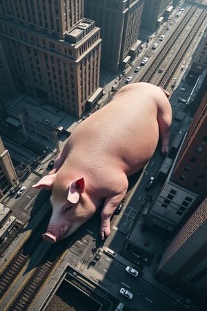 In a breathtaking 8K shot, a majestic pig with a body resembling a mountain lies sprawling across the city streets, dwarfing the towering skyscrapers. Its massive form sprawls across the train station, crushing the surrounding buildings and infrastructure beneath its enormous frame. The camera captures this surreal scene in a stunning overhead view, showcasing the sheer scale of the pig's presence as it snoozes peacefully amidst the urban landscape.