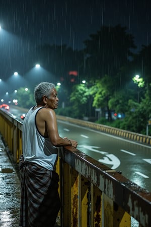 A midnight scene unfolds as the camera captures a desolate pedestrian bridge from above, gazing down upon a lone figure. The bridge's railing is weathered and worn, with rainwater dripping down like tears. A robust Malaysian uncle, clad in a white vest and checkered sarong (Samping), leans against the railing, eyes fixed on the sparse traffic below. His silver hair, now bedraggled from the rain, frames his pale face as he gazes out at the world with a mix of forlornness and despair. The frame is shot from an upward angle, capturing the bleak atmosphere in full glory.