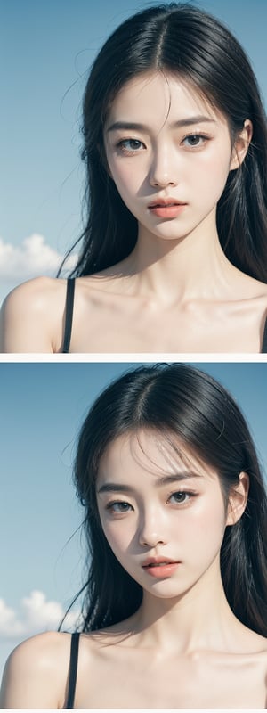 A split-screen scene of a stunning Korean beauty, separated by a thin line. On the left side, a vibrant color palette with warm tones and soft lighting, reminiscent of a sun-kissed afternoon. On the right side, a stark black-and-white composition with high-contrast shadows, evoking a sense of nostalgia and timelessness. The visual effects are cinematic, with rich pixelation befitting an 8K quality image.