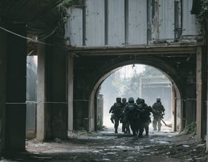 A prompt for a war-themed image!

Here's the generated prompt:

A scene of 4 soldiers in a moment of gunfire. The soldiers wear black armor with icy cold masks adorned with iron engravings, their faces set in determination. One soldier crouches behind cover, another peers around a corner, while two more take aim, ready to fire.

The setting is a ruined city gate, the once-majestic entrance now battered and worn. The lighting comes from above, casting a soft, diffuse glow over the scene. The main light source is positioned off-center, creating a sense of tension and uncertainty. The fill light softens the shadows cast by the soldiers' silhouettes, while the back light separates the subjects from the background, adding depth to the composition.

The color palette is monochromatic, with shades of gray and blue dominating the scene.