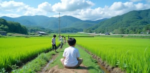 A 8-year-old Japanese boy in a white back jersey and brown shorts sits at a slight angle to the side, surrounded by lush green rice fields, other children, small ditches, muddy paths, and electricity poles. In the distance, a winding road disappears into a forested mountain range, with cars driving along the highway. The blue sky is dotted with white clouds.