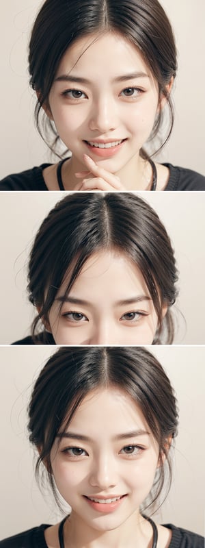 Here is the prompt:

A 12-panel comic featuring a Korean girl with short black hair tinged with brown. The six facial expressions showcased are joy, anger, sadness, happiness, silly laughter, and serenity. Shot in a studio setting with artificial lighting that provides a soft yet sharp focus, capturing the subtleties of her facial features. Each panel depicts a different expression from the same woman, set against a high-resolution 8K background.