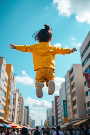 A mystical Korean child with a messy bun and yellow clothing, hovering above the bustling city center. The scene is set against a brilliant blue sky with wispy white clouds, perfectly framing the urban landscape below. The camera captures a wide-angle shot, showcasing the vibrant street life as people go about their daily routines. The subject's pose is playful, with arms outstretched and legs relaxed, as if suspended in mid-air.