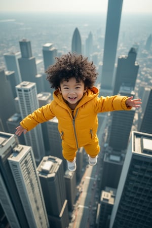 A whimsical young Korean boy, adorned with fluffy curly hair and bright yellow clothing, effortlessly floats in mid-air above a bustling cityscape of modern high-rise buildings. Framed from a top-down vantage point, the 8K resolution captures every detail of this enchanting scene, as the child's joyful expression shines like a beacon amidst the concrete jungle.