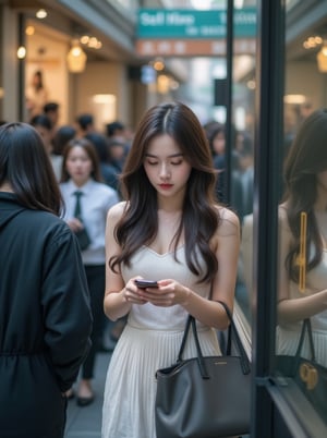 A Korean woman, with long hair and a sleeveless dress, holds a handbag as she blends into the crowd. She's standing between two store windows, gazing at her phone with a subtle expression of concern or distraction. The camera captures her figure from among the sea of people, some walking left while others head right, framing her within the glass window's reflection.