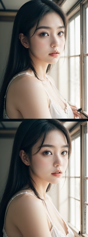 A split-screen visual depicting a stunning Korean beauty, divided by a vertical line, showcasing two distinct images. On one side, the image is rich in color and vibrancy, reminiscent of cinematic hues. The other side presents a striking black-and-white contrast, with sharp definitions. Framed within an 8K pixel canvas, this dual-image setup is bathed in cinematic lighting, inviting the viewer to gaze upon the captivating subject.