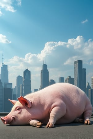 A surreal image of a gigantic pig lying down in the city, its body like a mountain range. The skyscrapers loom in the background, transformed into toys by the massive creature's presence. The blue sky and white clouds provide a serene atmosphere. The pig stretches out on its back, all four legs pointing towards the sky, with a gentle snout and closed eyes. (8K resolution)