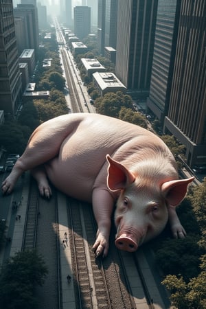 In a breathtaking 8K shot, a majestic pig with a body resembling a mountain lies sprawling across the city streets, dwarfing the towering skyscrapers. Its massive form sprawls across the train station, crushing the surrounding buildings and infrastructure beneath its enormous frame. The camera captures this surreal scene in a stunning overhead view, showcasing the sheer scale of the pig's presence as it snoozes peacefully amidst the urban landscape.